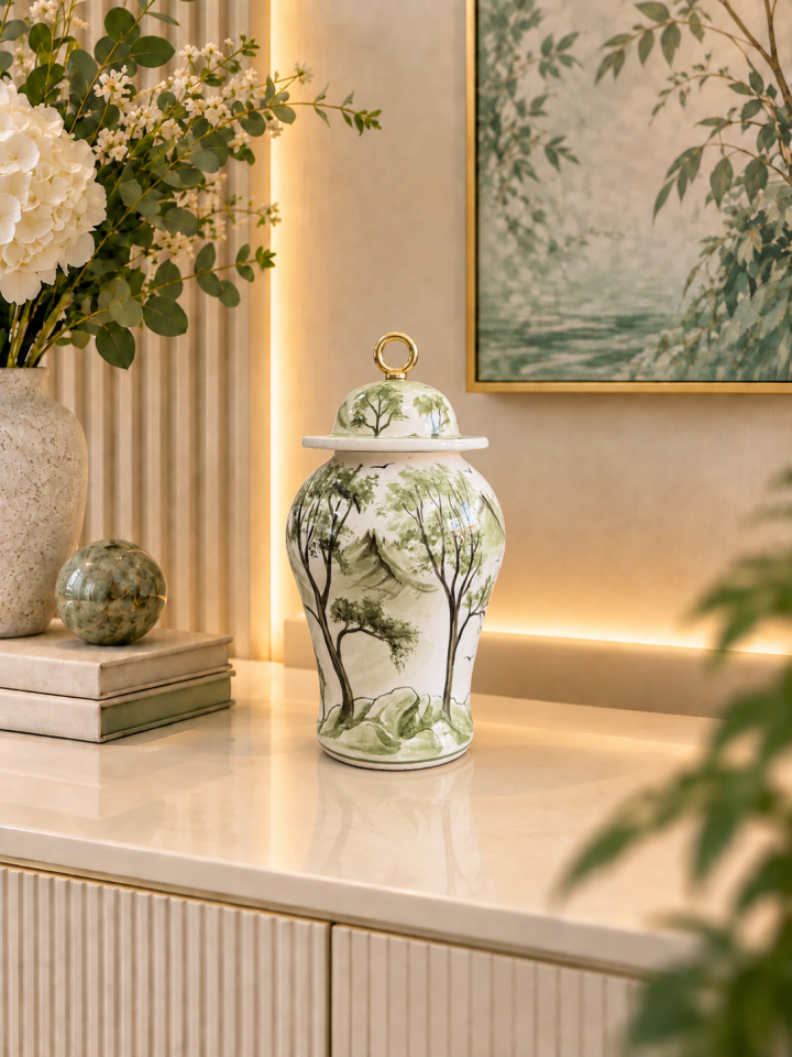 Dekoratif Obje Salon Seti - Oval Şah Takı Seti Manzara Desenli Yeşil Gold