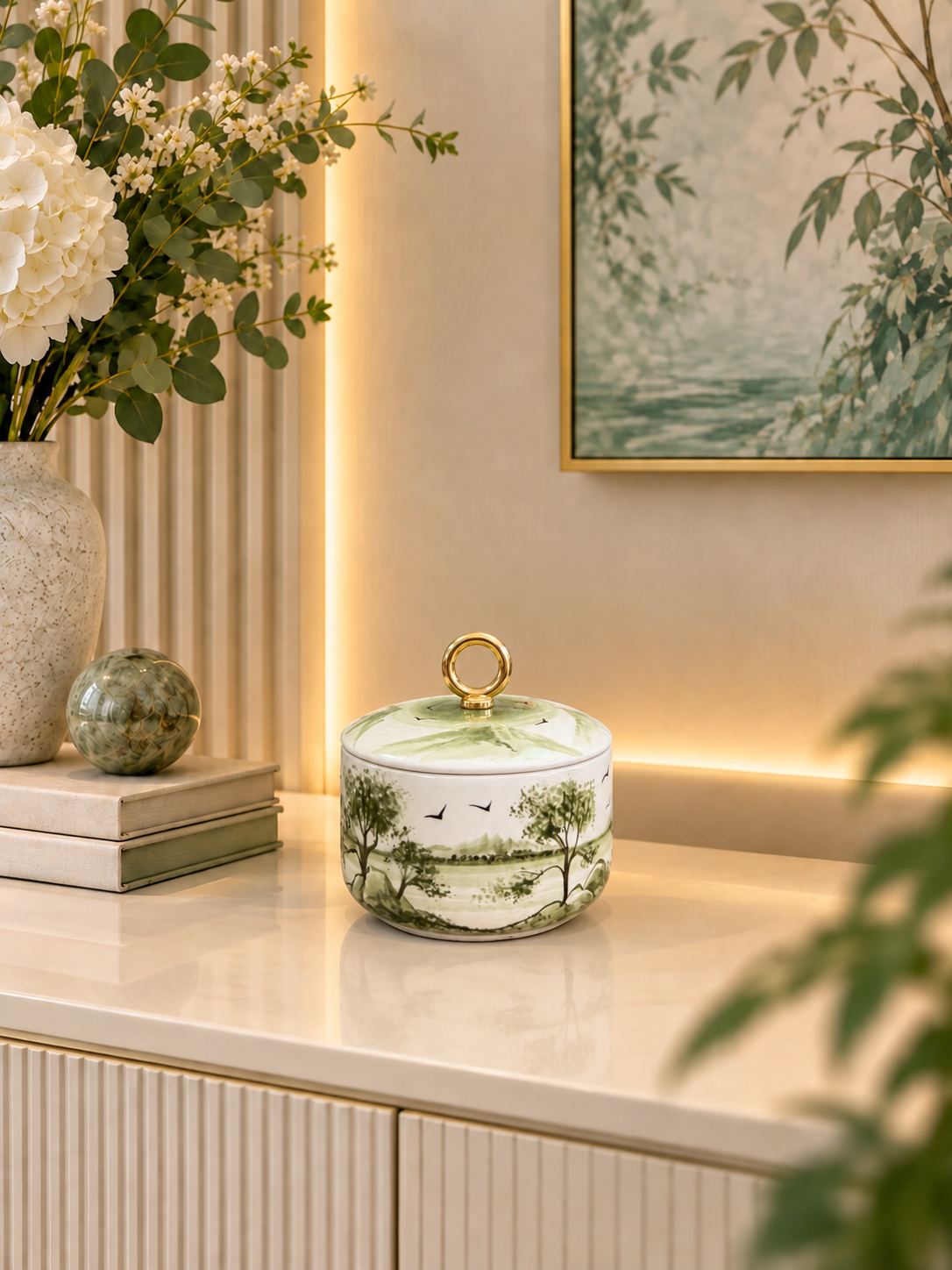 Dekoratif Obje Salon Seti - Oval Şah Takı Seti Manzara Desenli Yeşil Gold – görsel 4