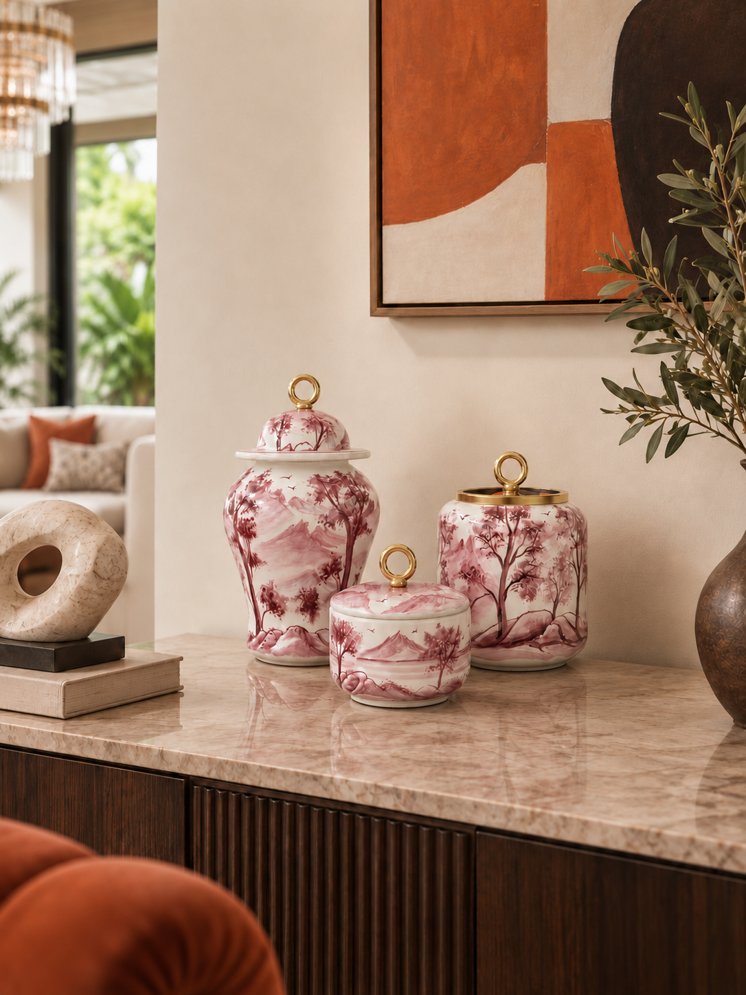 Dekoratif Obje Salon Seti - Oval Şah Takı Seti Manzara Desenli Bordo Gold