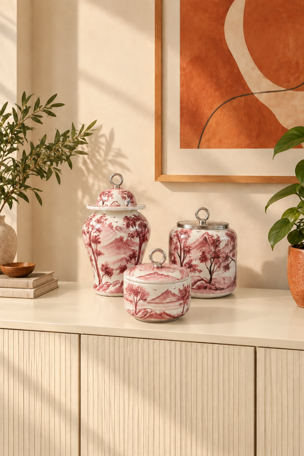 Dekoratif Obje Salon Seti - Oval Şah Takı Seti Manzara Desenli Bordo Gümüş
