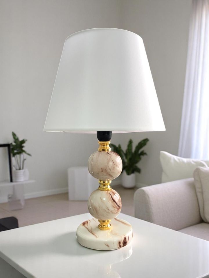 Abajur - Toplu Kahverengi Marble Beyaz Şapka Gold
