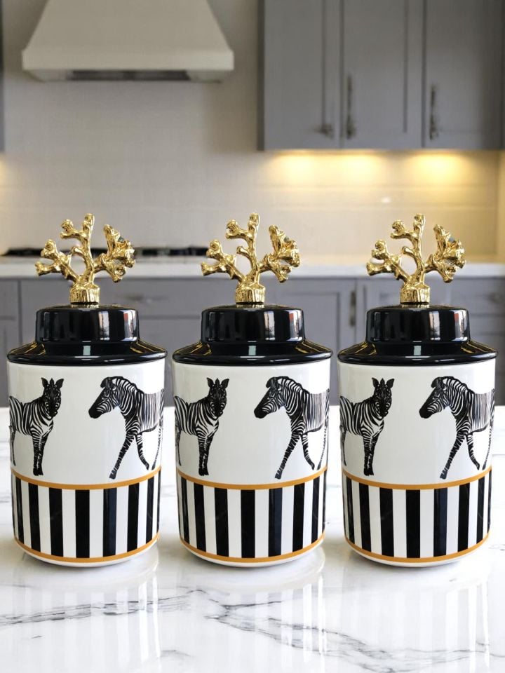 Baharatlık - Seramik Kapaklı 3'lü Zebra At Gold