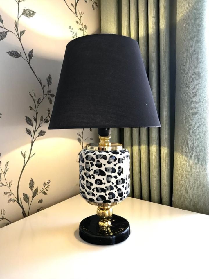 Abajur - Oval Gri Leopar Desen Siyah Şapka Gold
