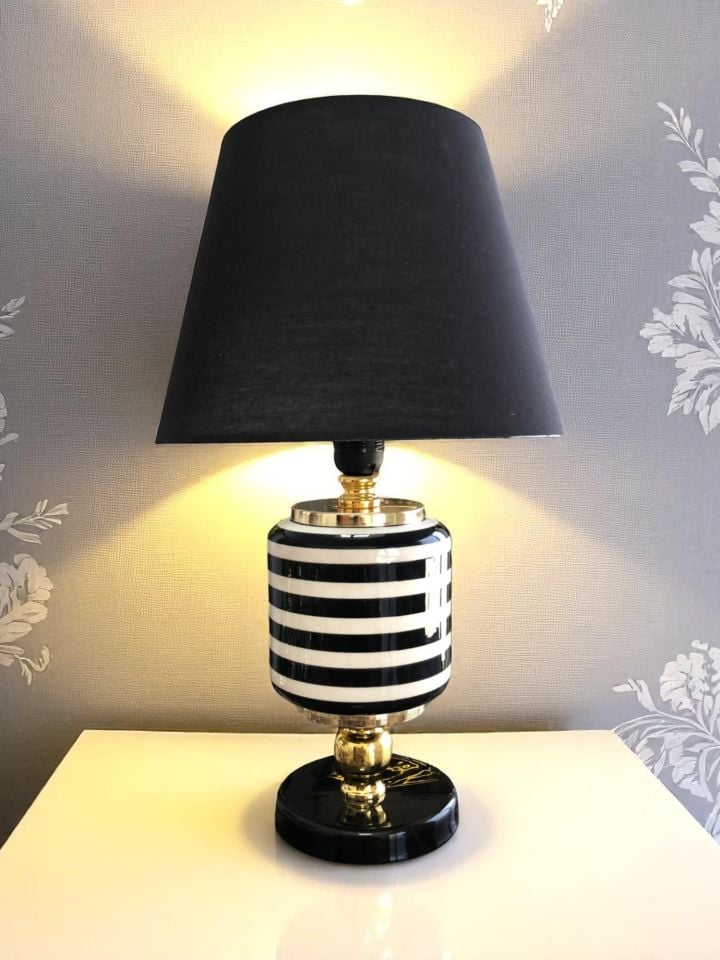 Abajur - Oval Siyah Klasik Zebra Siyah Şapka Gold