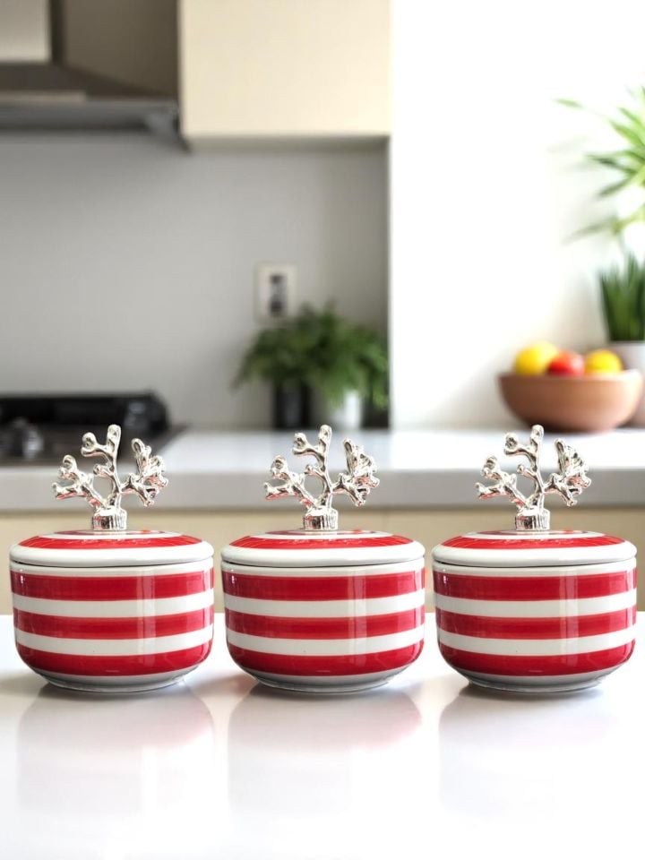 Kahvaltılık - 3'lü Şekerlik Kırmızı Zebra Gümüş