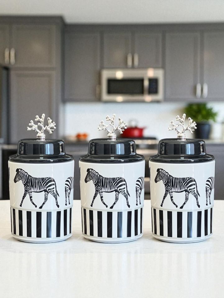 Baharatlık - Seramik Kapaklı 3'lü Zebra At Gümüş