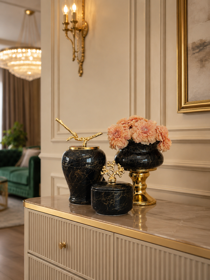 Dekoratif - Salon Seti Siyah Mermer Gold