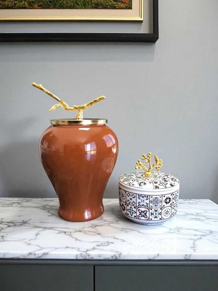 Dekoratif - Kahverengi Şah Küp Ceramic Obje Gold