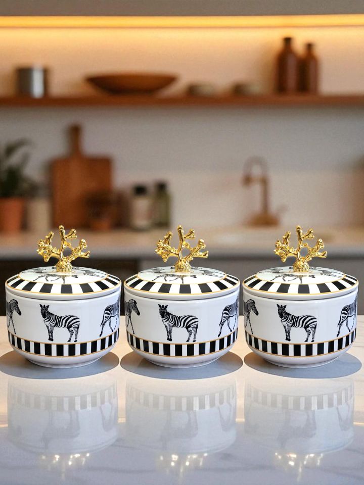 Kahvaltılık - 3'lü Şekerlik Zebra At Desen Gold