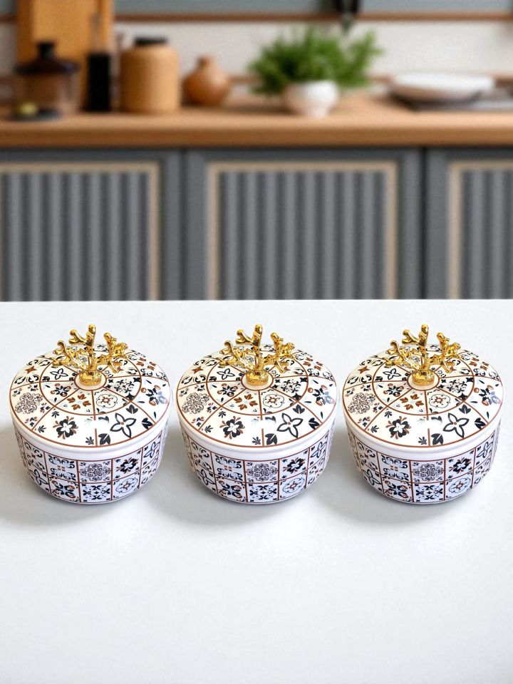 Kahvaltılık - 3'lü Şekerlik Ceramic Desen Gold