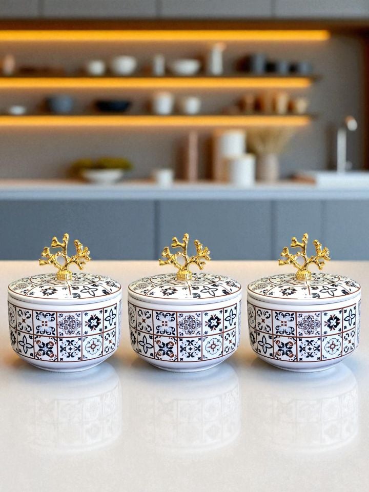 Kahvaltılık - 3'lü Şekerlik Ceramic Desen Gold