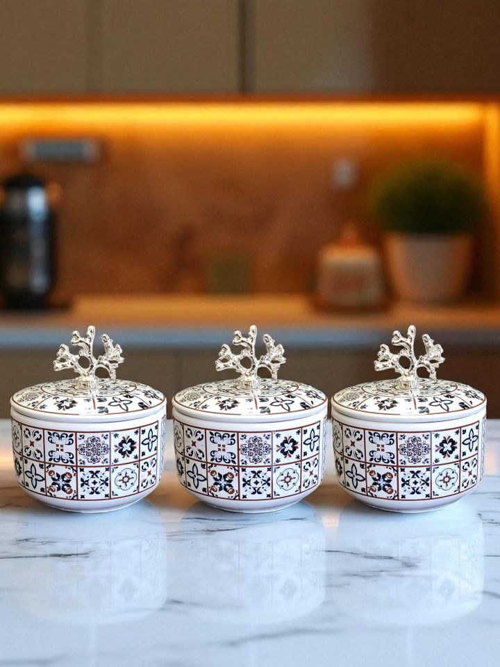 Kahvaltılık - 3'lü Şekerlik Ceramic Desen Gümüş