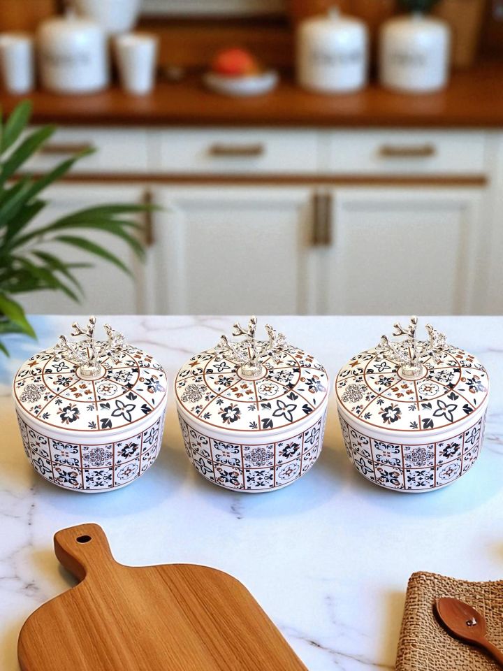Kahvaltılık - 3'lü Şekerlik Ceramic Desen Gümüş