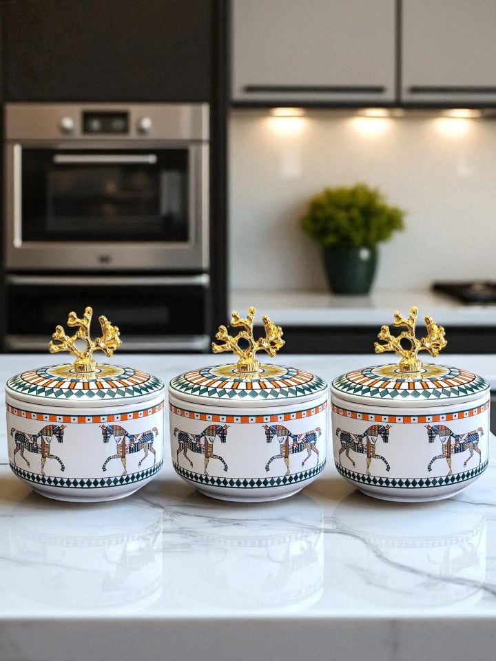 Kahvaltılık - 3'lü Şekerlik Herm At Desenli Gold