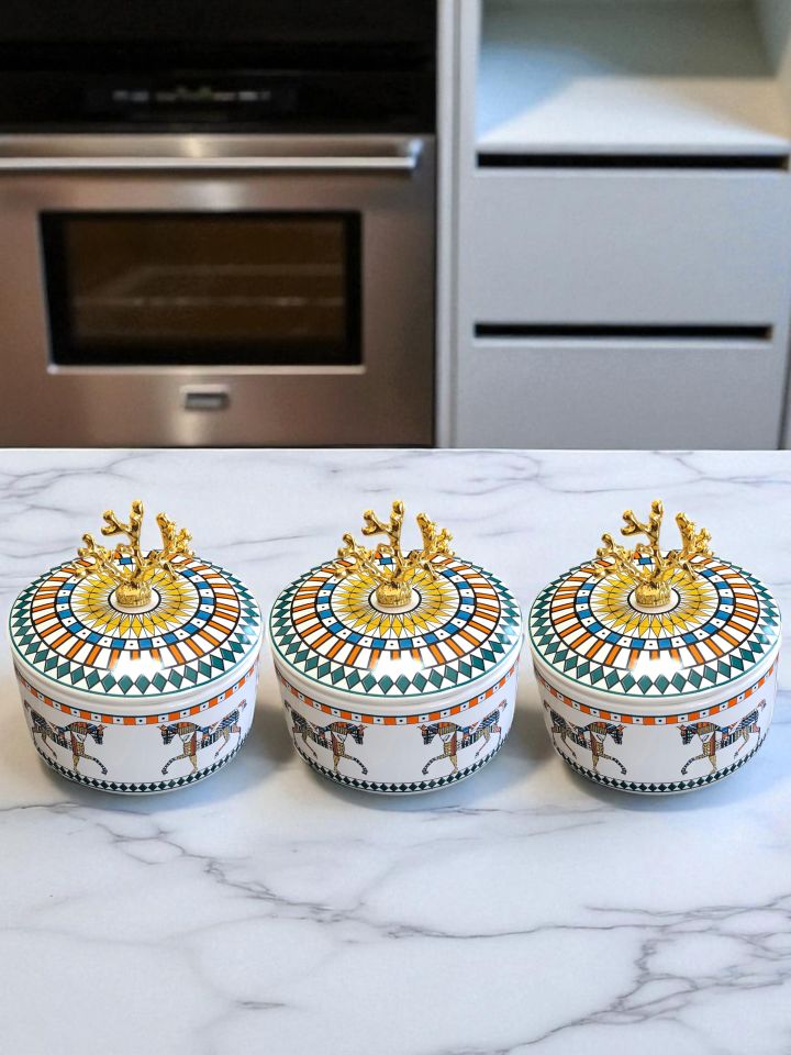Mutfak Aksesuarı 3 lü Kahvaltılık Saklama Kabı Baharatlık Herm At Desenli Gold