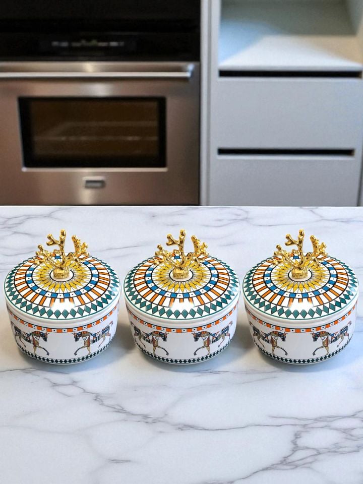 Kahvaltılık - 3'lü Şekerlik Herm At Desenli Gold