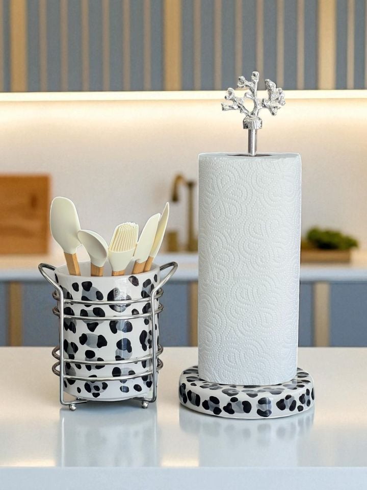 Kaşıklık - Kağıt Havluluk 2'li Set Gri Leopar Gümüş