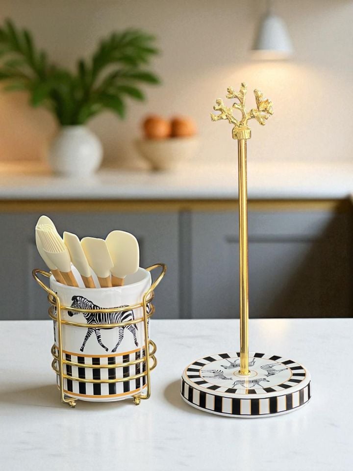 Kaşıklık - Kağıt Havluluk 2’li Set Zebra At Desen Gold