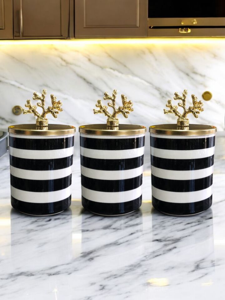 Baharatlık Silindir 3 lü Set Kahve Köşesi Klasik Zebra Siyah Gold Mercan