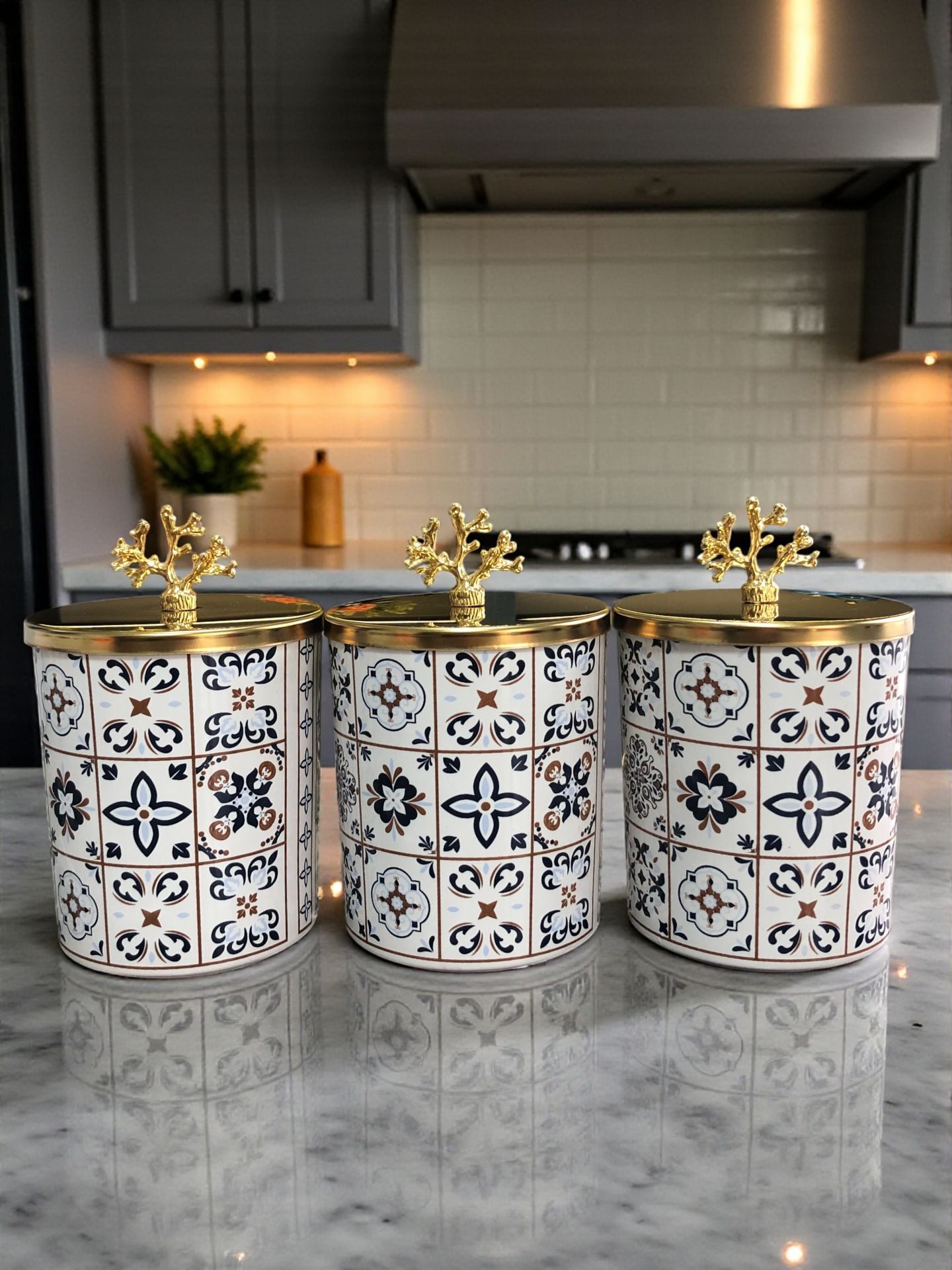 Baharatlık - Metal Kapaklı 3'lü Ceramic Desen Gold