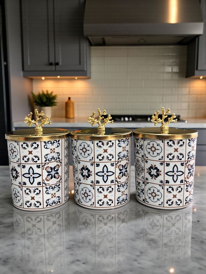 Baharatlık - Metal Kapaklı 3'lü Ceramic Desen Gold