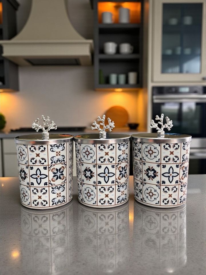 Baharatlık - Metal Kapaklı 3'lü Ceramic Desen Gümüş