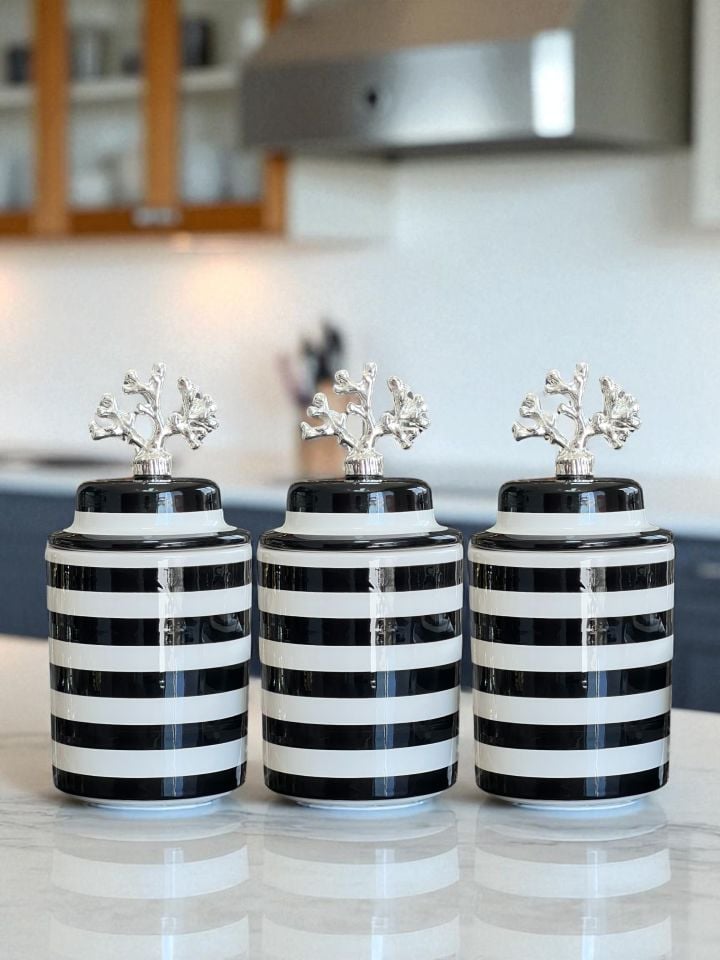 Baharatlık - Seramik Kapaklı 3 lü Siyah Klasik Zebra Gümüş