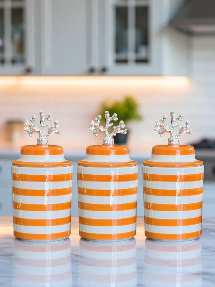 Baharatlık - Seramik Kapaklı 3 lü Soft Sarı Zebra Gümüş