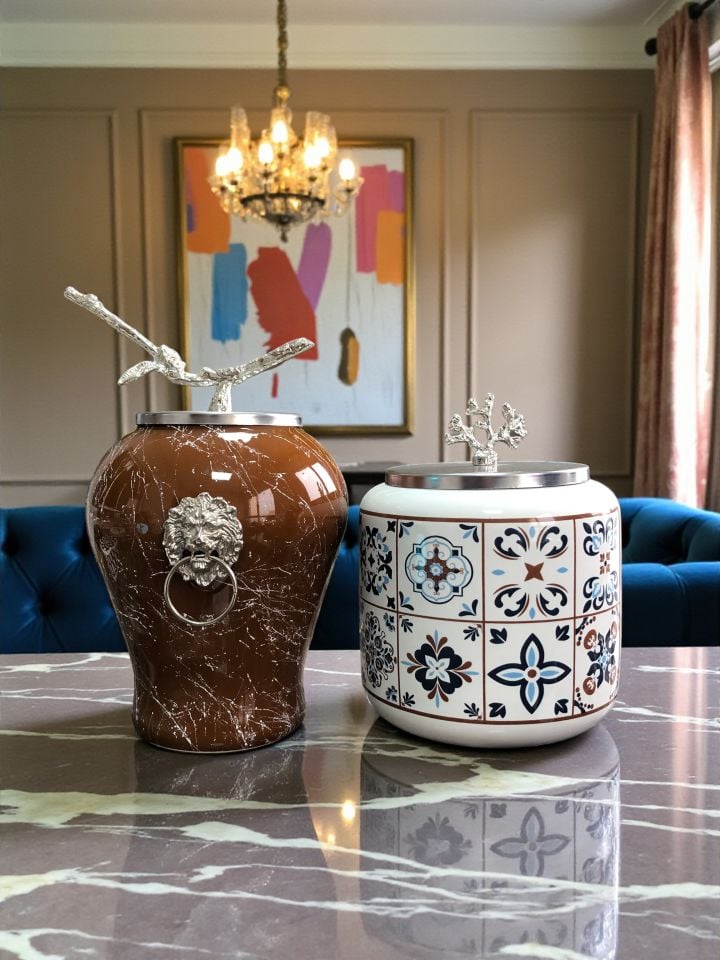 Dekoratif - Kahverengi Mermer Şah Ceramic Oval Gümüş