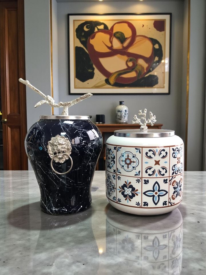 Dekoratif - Lacivert Mermer Şah Ceramic Oval Gümüş
