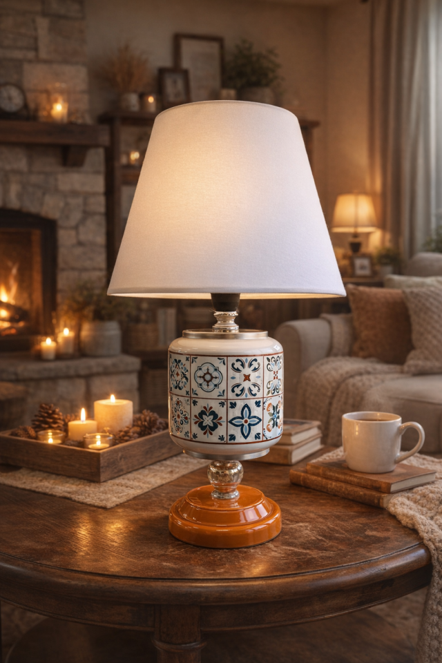 Abajur - Oval Ceramic Desen Beyaz Şapka Gümüş