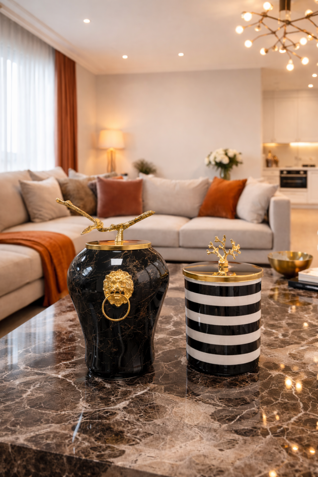 Dekoratif - Siyah Mermer Şah Siyah Zebra Silindir Gold