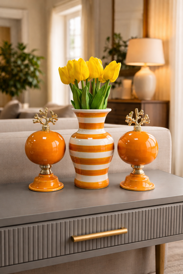 Salon Seti - Soft Sarı 2'li Küre Zebra Vazo Gold