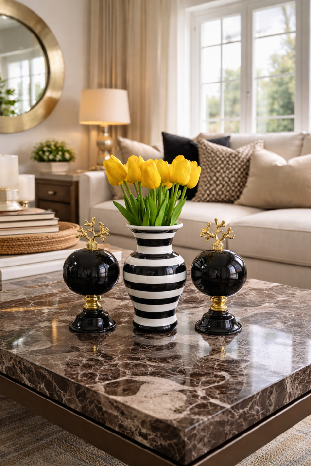 Salon Seti - Siyah 2'li Küre Siyah Zebra Vazo Gold