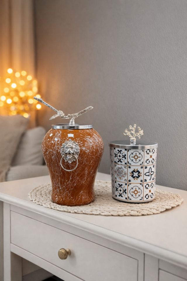 Dekoratif - Kahverengi Mermer Şah Ceramic Silindir Gümüş