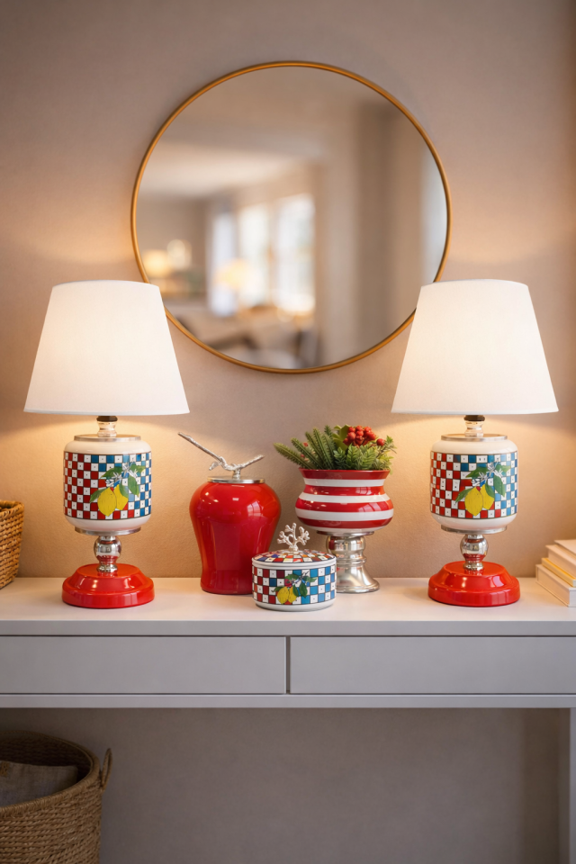 Salon Seti - Oval Abajur Limon Damalı Dekoratif Obje Gümüş