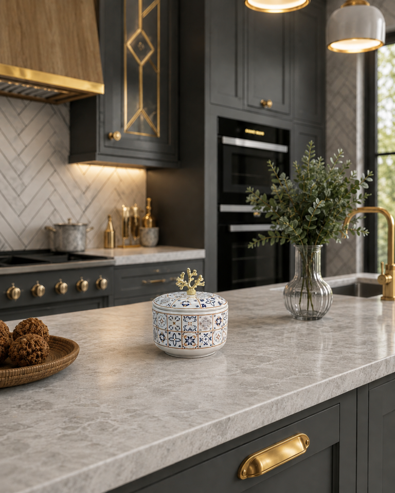 Dekoratif Obje - Ceramic Desen Seramik Şekerlik Gold