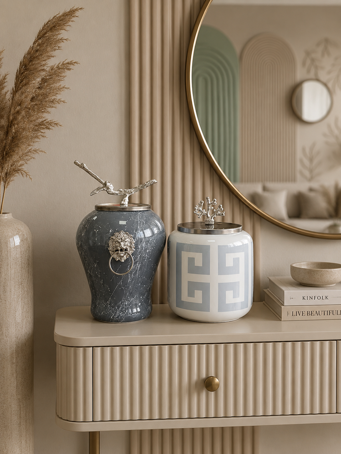 Dekoratif Oval Şah Aslanlı Gri Mermer Şah Oval Versa Gri Desen GÜMÜŞ