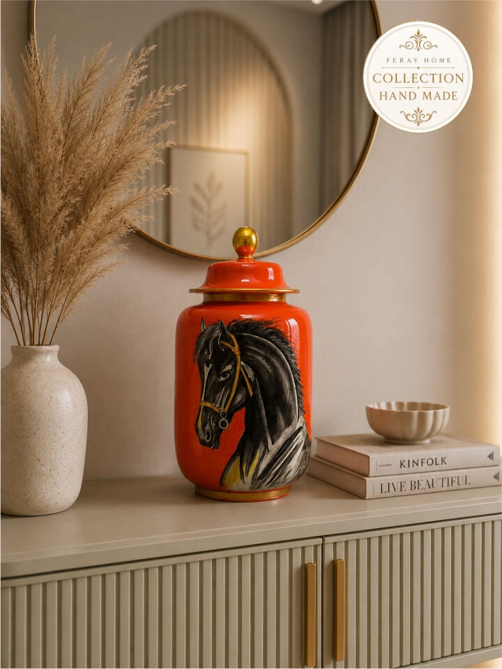 Seramik Vazo - El Yapımı Turuncu At Desenli Honey Pot
