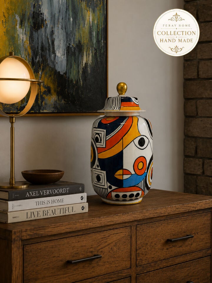 Seramik Vazo - El Yapımı Geometrik Desenli Honey Pot