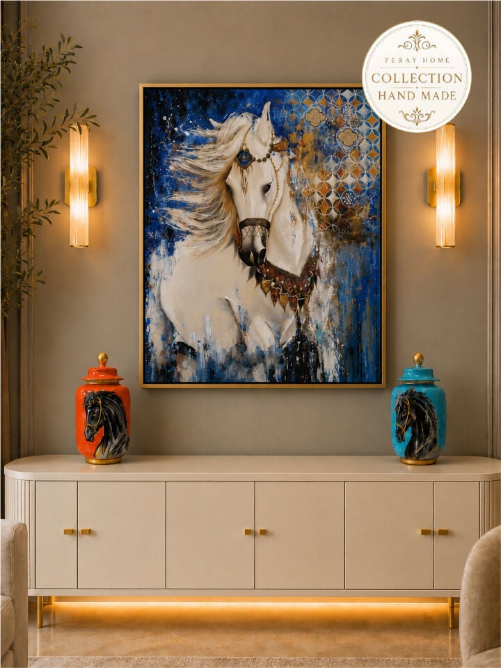 Dekoratif Salon Seti - El Yapımı At Desenli Seramik Küp