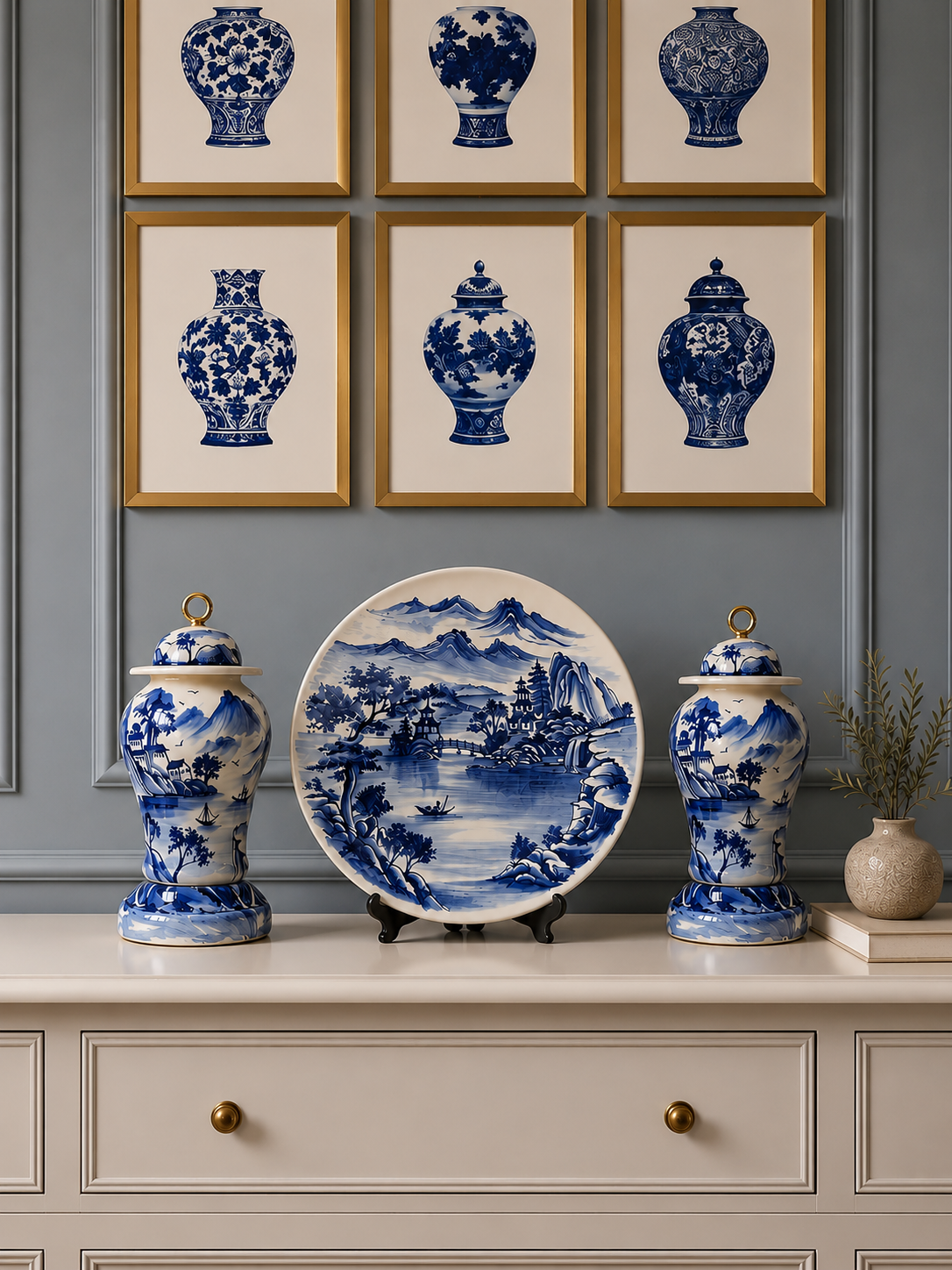 Dekoratif Salon Seti - Blue Blanc Şah Küp Tabak Gold