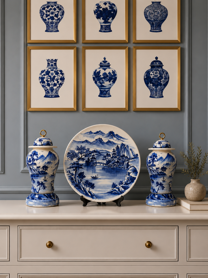 Dekoratif Salon Seti - Blue Blanc Şah Küp Tabak Gold
