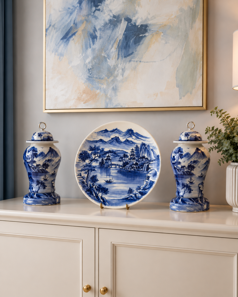 Dekoratif Salon Seti - Blue Blanc Şah Küp Tabak Gümüş