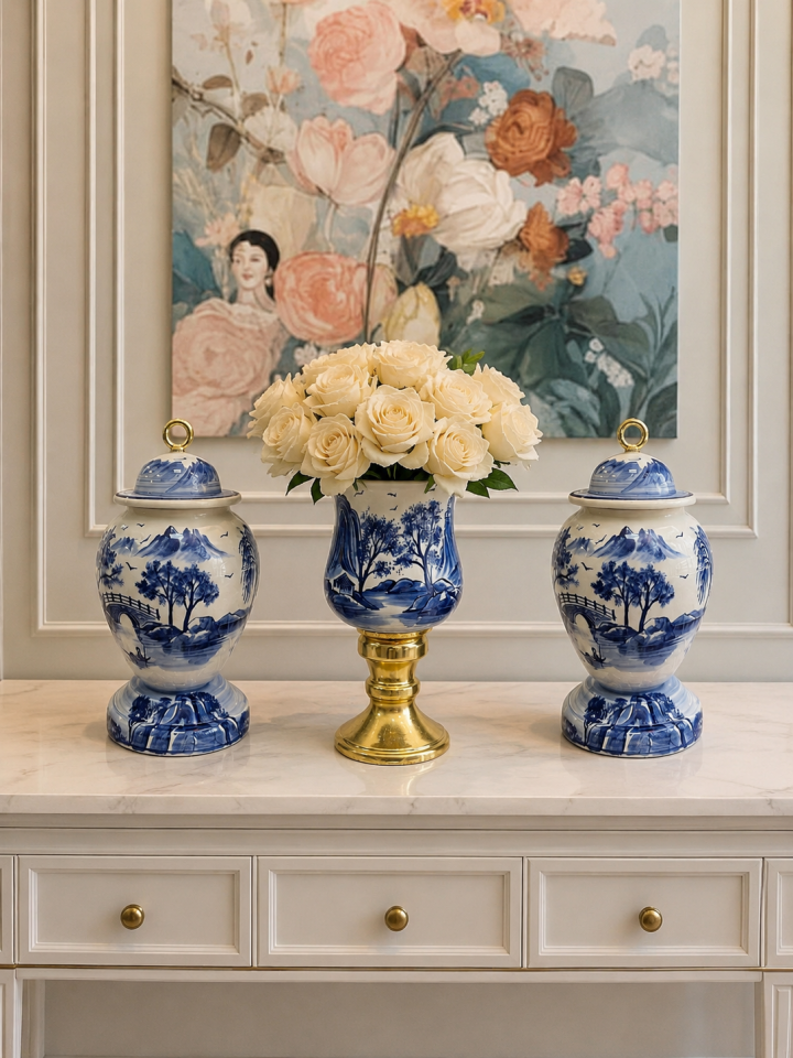 Dekoratif Salon Seti - Blue Blanc El Yapımı Gold