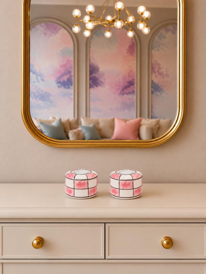 Collection Series Hand Made Salon Tabak Seti Pembe Damalı