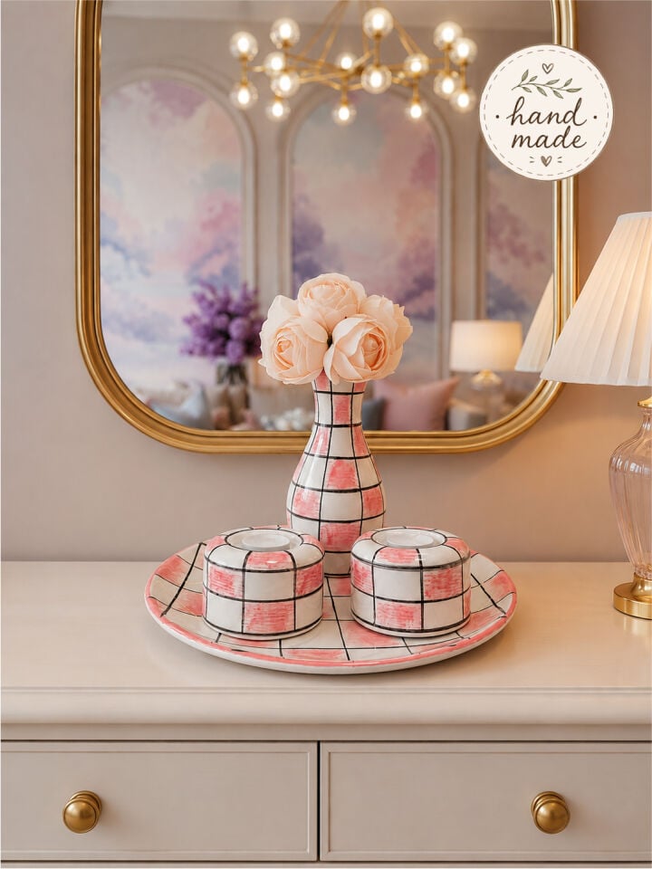 Collection Series Hand Made Salon Tabak Seti Pembe Damalı