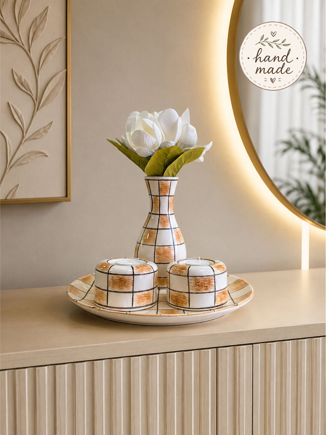Dekoratif Salon Tabak Seti Kahverengi Damalı