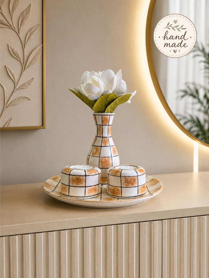 Dekoratif Salon Tabak Seti Kahverengi Damalı