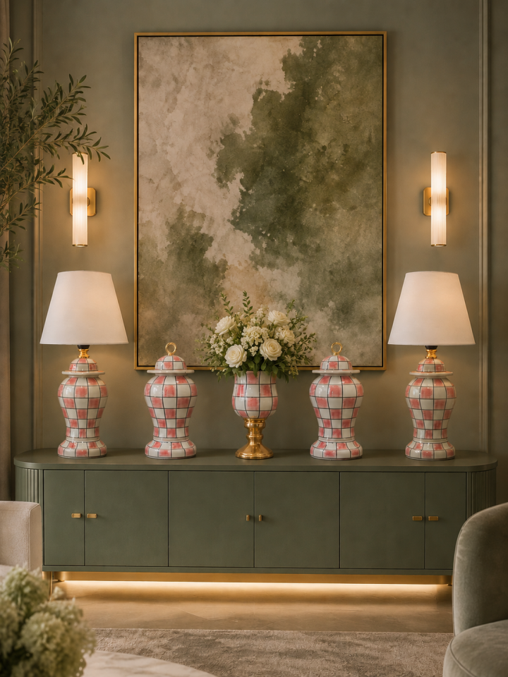 Dekoratif Salon Seti Pembe Damalı 5 Parça Gold